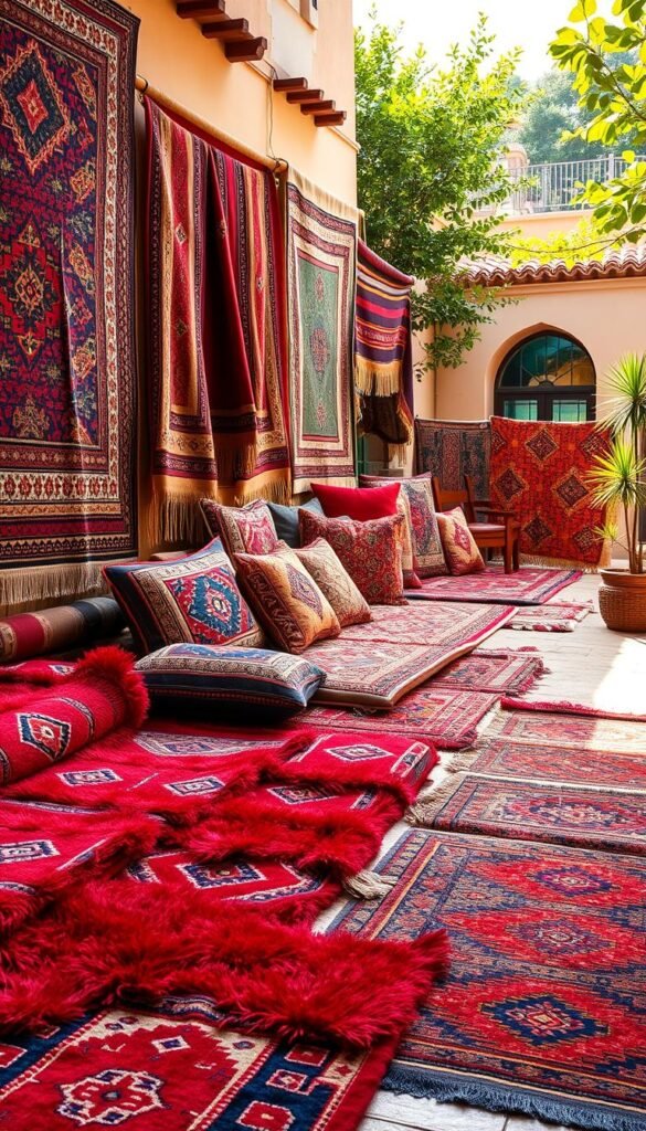 A sprawling display of richly hued Moroccan rugs and textiles, adorned with intricate geometric patterns and vibrant colors. The foreground showcases a selection of plush, hand-woven rugs in shades of deep red, saffron, and indigo, their intricate designs evoking the ancient artistry of Berber culture. In the middle ground, an assortment of decorative pillows, wall hangings, and ornate tapestries adds depth and visual interest, their textures and motifs reflecting the diverse influences of Moorish, Berber, and Arabic design. The background is a softly lit, sun-dappled scene, with hints of traditional Moroccan architecture and lush, verdant foliage, creating a warm, inviting atmosphere that captures the essence of authentic Moroccan style.