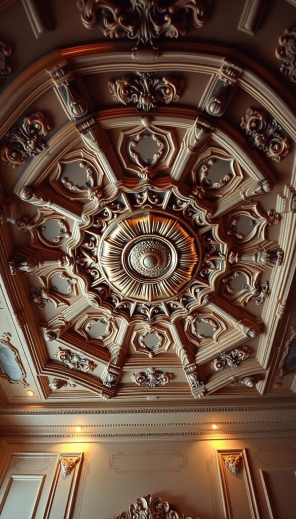 A striking trompe-l'œil ceiling design, featuring intricate painted patterns that create the illusion of depth and architectural details. The composition features a central medallion surrounded by a series of nested, ornate plaster moldings that appear to protrude from the surface. Subtle shading and highlights enhance the three-dimensional effect, while warm, golden lighting casts a soft, ambient glow across the scene. The overall atmosphere evokes a sense of grandeur and classic elegance, perfectly suited for a luxurious bedroom interior.
