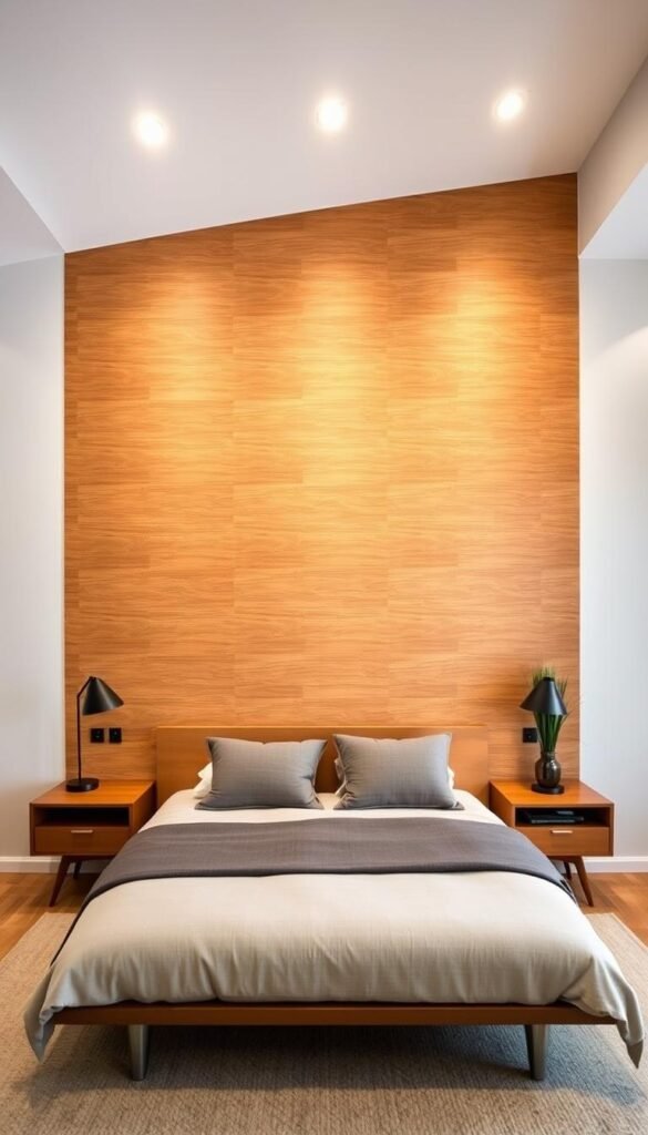 A stunning mid-century modern accent wall, serving as the focal point of a cozy bedroom. The wall features a striking geometric pattern, with clean lines and a warm, earthy color palette that complements the room's natural wood tones. Soft, diffused lighting from recessed fixtures casts a gentle glow, highlighting the textural details of the wall's surface. The room's minimalist furnishings, including a sleek platform bed and a pair of iconic mid-century side tables, create a harmonious balance, allowing the accent wall to take center stage. The overall atmosphere is one of understated elegance and timeless design. A stunning mid-century modern accent wall, serving as the focal point of a cozy bedroom. The wall features a striking geometric pattern, with clean lines and a warm, earthy color palette that complements the room's natural wood tones. Soft, diffused lighting from recessed fixtures casts a gentle glow, highlighting the textural details of the wall's surface. The room's minimalist furnishings, including a sleek platform bed and a pair of iconic mid-century side tables, create a harmonious balance, allowing the accent wall to take center stage. The overall atmosphere is one of understated elegance and timeless design.