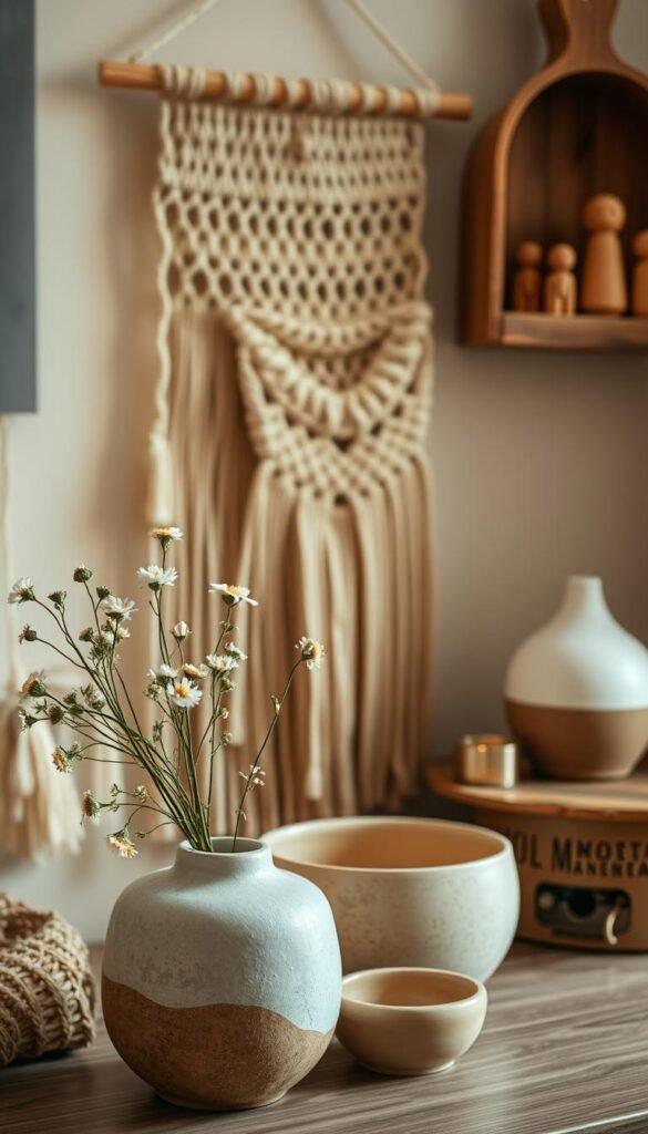 A stylish collection of handcrafted decor pieces arranged with artful care. In the foreground, a ceramic vase with an organic, textured surface holds a bouquet of delicate wildflowers. Placed alongside, a smooth, rounded ceramic bowl in a soothing neutral tone. In the middle ground, a woven macrame wall hanging adds natural warmth and visual interest. The background features a rustic wooden shelf displaying a selection of small, hand-carved wooden figurines and a minimalist ceramic oil diffuser, softly glowing. Warm, diffused lighting casts a cozy, inviting glow, highlighting the unique character and craftsmanship of each piece.