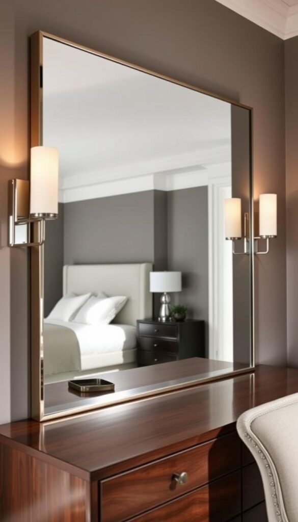 A stylish statement mirror in a sleek, modern frame dominates the dresser's surface, creating a focal point in the elegant bedroom. Soft, warm lighting from sconces on either side casts a gentle glow, highlighting the mirror's polished surface. The dresser beneath is crafted from rich, dark wood, its clean lines and minimalist design complementing the mirror's contemporary aesthetic. Subtle textures, such as the linen upholstery on the nearby chair, add depth and visual interest to the serene, inviting space.