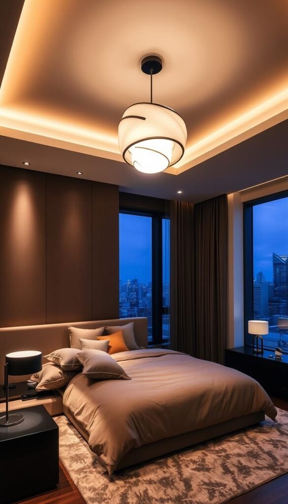 A stylishly lit modern bedroom with a focus on strategic lighting choices. A warm, inviting atmosphere with a mix of soft ambient lighting, task-oriented spotlights, and accent lights that highlight key design elements. The room features a plush king-sized bed with luxurious bedding, sleek nightstands with minimalist lamps, and a large window overlooking a city skyline. Indirect cove lighting softly illuminates the walls, while a sculptural pendant light casts a gentle glow over the space. The overall effect is one of cozy sophistication, creating a serene and relaxing retreat.