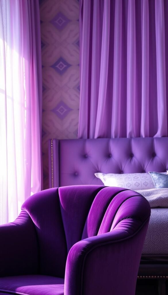 A sumptuous interior with layers of royal purple hues and contrasting textures. In the foreground, a plush velvet armchair in deep amethyst, its folds and curves creating a sculptural silhouette. Behind it, a wall adorned with a geometric pattern in lavender and eggplant tones, lending depth and visual interest. The middle ground features a luxurious, tufted headboard in a lighter lavender shade, its soft, undulating surface catching the warm, directional lighting from an unseen source. In the background, a sheer, shimmering curtain in a sheer, iridescent purple cascades, its diaphanous layers lending an ethereal, atmospheric quality to the scene. The overall effect is one of opulence, comfort, and a harmonious, sensual interplay of color and texture.
