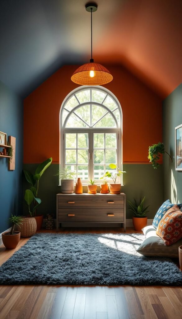 A sun-dappled boys' bedroom with a flexible, dynamic color palette. The walls are painted in shades of deep blue, warm terracotta, and muted olive green, creating a cozy, earthy atmosphere. In the foreground, a plush, charcoal grey rug anchors the space, inviting playful exploration. Suspended from the ceiling, a mid-century inspired light fixture casts a warm, golden glow, illuminating a vibrant mix of textures - from the smooth, natural wood of the dresser to the lively, patterned throw pillows. Verdant houseplants in terracotta pots add pops of verdant color, while a large, arched window floods the room with natural light, blurring the boundaries between indoors and out. The overall effect is a harmonious, flexible space that can evolve with the changing needs and interests of a growing boy.