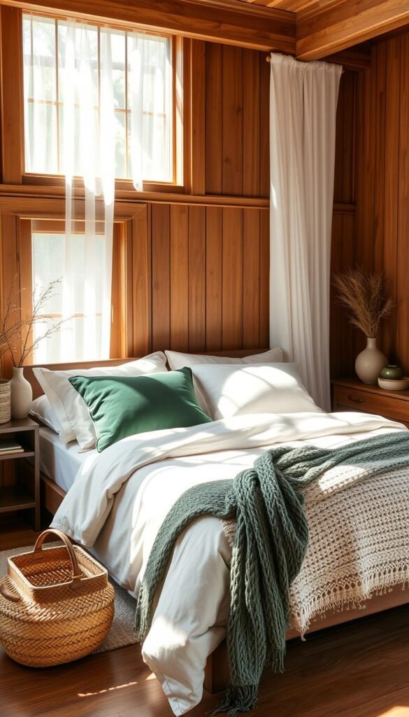 A sun-dappled wooden bedroom, the warmth of the hardwood floors and furniture contrasted by the soft, luxurious bedding. Layers of natural textures - linen sheets in a soothing neutral palette, plush velvet throw pillows in a rich forest green, a cozy knit blanket draped at the foot of the bed. Accent pieces like a rustic woven basket and ceramic vases add earthy, organic elements. Gentle, diffused lighting filters through sheer curtains, creating a serene, spa-like ambiance. The overall aesthetic is one of refined sophistication, where the wood and textiles work in harmony to craft a tranquil, welcoming retreat.