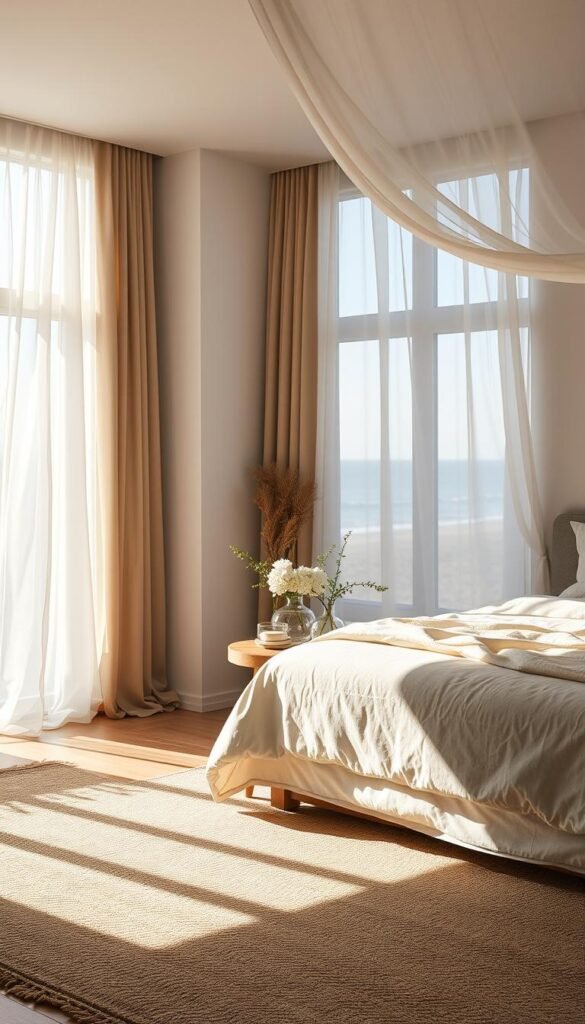 A sun-drenched bedroom with airy curtains gently billowing, capturing the essence of a modern beach retreat. Soft, natural light filters through large windows, casting a warm glow across the minimalist yet cozy furnishings. A plush, neutral-toned bedspread invites relaxation, while a small, decorative side table holds a vase of fresh coastal blooms. Wooden accents and natural fiber rugs ground the space, creating a harmonious, breezy ambiance. The camera angle is positioned to showcase the interplay of light and shadow, highlighting the serene, calming atmosphere of this tranquil haven. A sun-drenched bedroom with airy curtains gently billowing, capturing the essence of a modern beach retreat. Soft, natural light filters through large windows, casting a warm glow across the minimalist yet cozy furnishings. A plush, neutral-toned bedspread invites relaxation, while a small, decorative side table holds a vase of fresh coastal blooms. Wooden accents and natural fiber rugs ground the space, creating a harmonious, breezy ambiance. The camera angle is positioned to showcase the interplay of light and shadow, highlighting the serene, calming atmosphere of this tranquil haven.