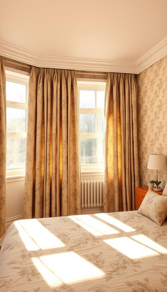 A sun-drenched bedroom with perfectly matched curtains and wallpaper, creating a harmonious and cozy ambiance. The curtains, in a soft, muted floral pattern, gracefully frame the large windows, allowing natural light to filter in. The wallpaper, featuring a complementary design in a soothing color palette, wraps the room in a visually seamless aesthetic. The lighting is warm and diffused, casting a gentle glow that enhances the overall tranquil atmosphere. The camera angle captures the scene from a slightly elevated perspective, showcasing the thoughtful coordination of the textiles and the inviting atmosphere they cultivate.