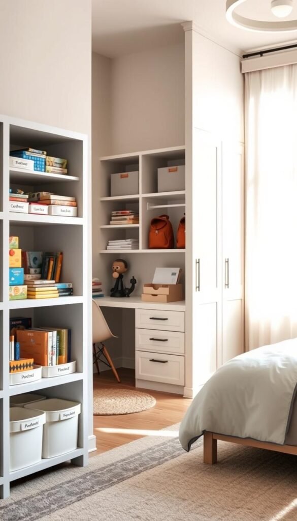 A sun-drenched boys' bedroom with smart storage solutions that grow with the child. In the foreground, streamlined shelving units with labeled bins for toys, books, and collectibles. In the middle, a built-in desk with drawers and cubbies for homework and stationery. The background features a large closet with sliding doors and customizable organization systems. The warm lighting, neutral color palette, and clean lines create a serene, functional space that encourages independence and responsibility. Soft textures, playful accents, and durable materials ensure the room evolves with the child's needs and interests.