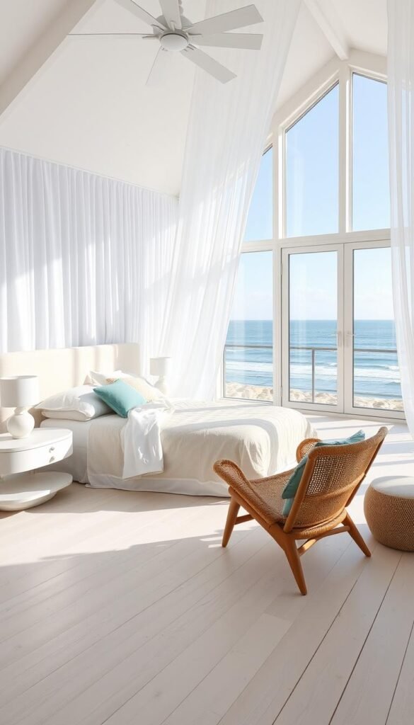 A sun-drenched, modern beach bedroom with minimalist, Scandinavian-inspired design. Airy, light-filled space with whitewashed wooden floors, sheer white curtains billowing in the breeze. Crisp, white bedding and an oversized, plush linen headboard. Nightstands with sleek, rounded corners, holding simple table lamps with soft, warm lighting. Midcentury-inspired lounge chair in natural woven material, angled to take in the ocean view through large, panoramic windows. Subtle pops of blue and green accents, evoking the colors of the sea and sky. Wide-angle lens captures the serene, calming atmosphere of this tranquil retreat. A sun-drenched, modern beach bedroom with minimalist, Scandinavian-inspired design. Airy, light-filled space with whitewashed wooden floors, sheer white curtains billowing in the breeze. Crisp, white bedding and an oversized, plush linen headboard. Nightstands with sleek, rounded corners, holding simple table lamps with soft, warm lighting. Midcentury-inspired lounge chair in natural woven material, angled to take in the ocean view through large, panoramic windows. Subtle pops of blue and green accents, evoking the colors of the sea and sky. Wide-angle lens captures the serene, calming atmosphere of this tranquil retreat.