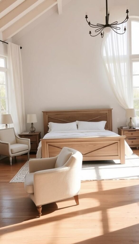 A tranquil farmhouse bedroom with a neutral color palette. Soft, muted tones of beige, gray, and off-white create a serene and calming atmosphere. A large, distressed wood bed frame takes center stage, complemented by plush white bedding and soft, flowing curtains. Wooden nightstands flank the bed, adorned with simple table lamps that cast a warm, ambient glow. In the corner, a cozy armchair sits beneath a large window, allowing natural light to pour in. Wooden floors, whitewashed walls, and a subtle patterned rug complete the understated, yet elegant aesthetic. The overall impression is one of timeless, rustic charm and comfortable sophistication.