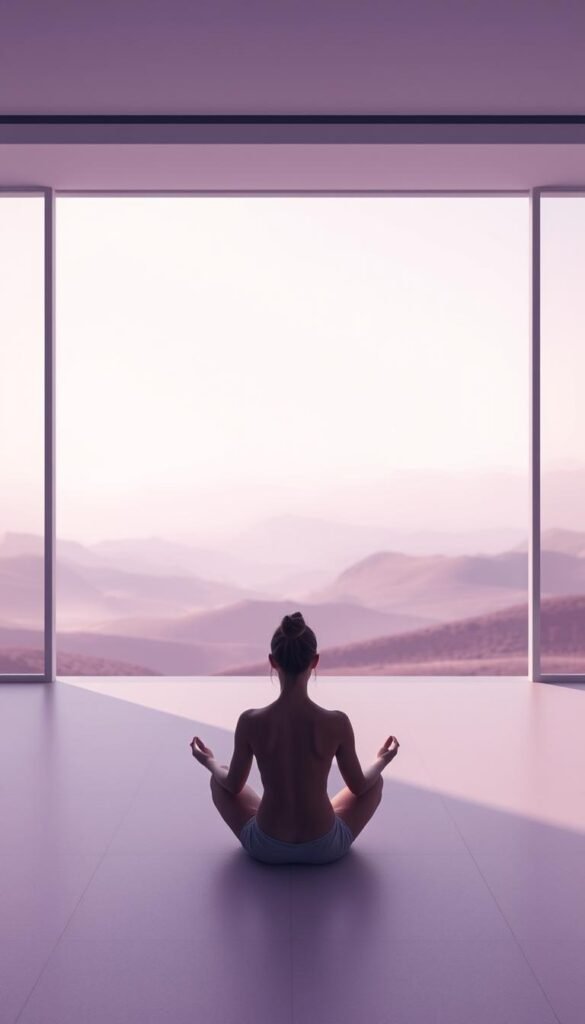 A tranquil, introspective study of the psychology of the color purple. In the foreground, a serene, contemplative figure sits cross-legged, bathed in a soft, diffused light. The middle ground features a minimalist, modern interior with clean lines and muted, harmonious hues of lavender, plum, and eggplant. In the background, an abstract, dreamlike landscape unfolds, with undulating hills and a hazy, amethyst-tinted sky. The overall atmosphere evokes a sense of calm, balance, and introspection, reflecting the soothing, introspective nature of the color purple.