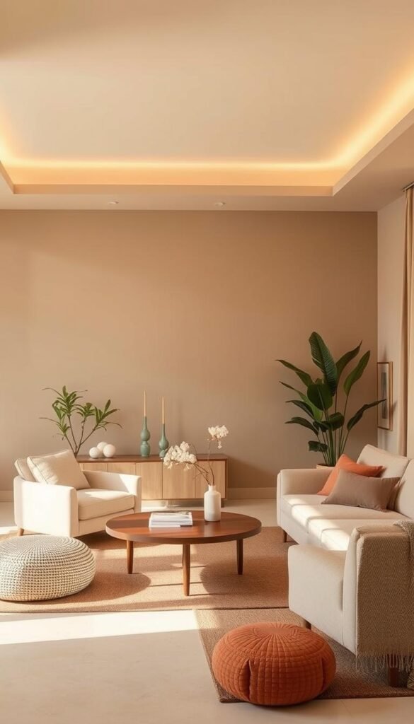 A tranquil mid-century modern interior with a serene color palette. Warm neutral tones like soft beige and muted olive create a calming backdrop, complemented by accents of dusty rose and muted terracotta. Indirect lighting casts a gentle glow, highlighting the clean lines and organic textures of the furnishings. A minimalist aesthetic with a touch of vintage charm, evoking the effortless elegance of the 1950s. The scene exudes a sense of timeless sophistication and invites a restful, contemplative mood. A tranquil mid-century modern interior with a serene color palette. Warm neutral tones like soft beige and muted olive create a calming backdrop, complemented by accents of dusty rose and muted terracotta. Indirect lighting casts a gentle glow, highlighting the clean lines and organic textures of the furnishings. A minimalist aesthetic with a touch of vintage charm, evoking the effortless elegance of the 1950s. The scene exudes a sense of timeless sophistication and invites a restful, contemplative mood.