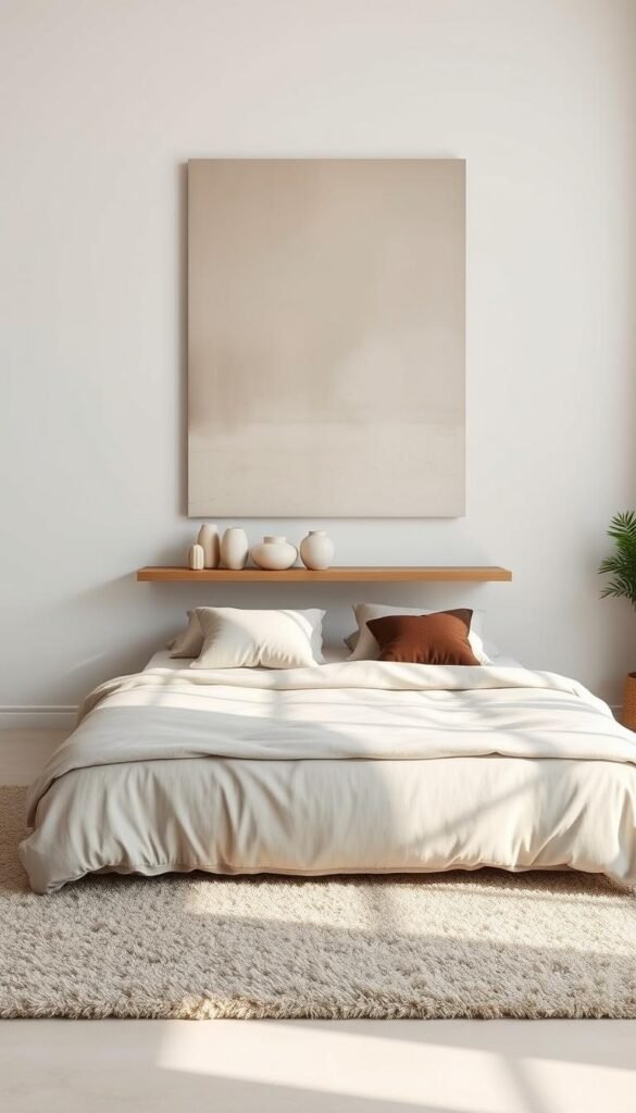 A tranquil, minimalist bedroom scene bathed in soft, natural lighting. A large, unframed abstract painting in muted tones dominates the wall, complemented by a handful of sculptural ceramics and vases arranged on a floating wooden shelf. In the foreground, a low-profile bed with a simple linen duvet and accent pillows sits atop a plush, neutral-hued rug. The overall atmosphere is one of quiet sophistication and effortless style, inviting a sense of calm and relaxation.