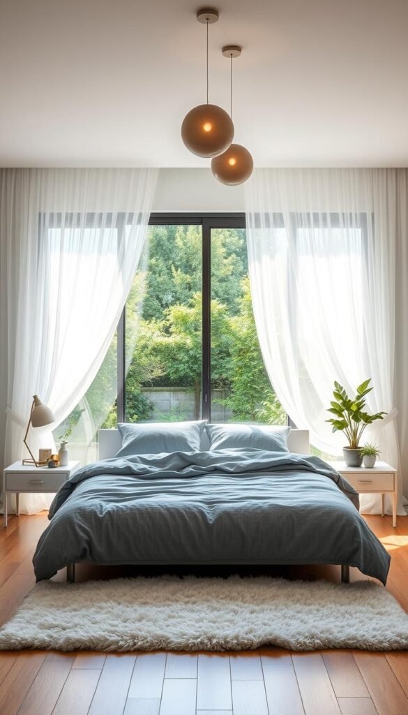 A tranquil, soft blue bedroom oasis bathed in warm, diffused natural light. A plush, textured duvet cover in a serene shade of blue-gray adorns a low, minimalist bed frame, its headboard flanked by sleek nightstands. Wispy sheer curtains flutter gently, framing a large window overlooking a lush, verdant garden. Soft, atmospheric lighting emanates from a pair of muted, globe-shaped pendant lamps suspended overhead. The polished wooden floors are covered by a fluffy, off-white area rug, creating a sense of coziness. Potted plants and subtle nature-inspired decor elements lend a sense of organic harmony to the calming, restful scene.