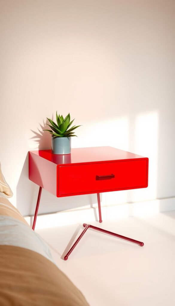 A vibrant bedside table with a glossy lacquered finish in a bold, saturated hue. The table features clean, angular lines and a minimal, modern design. Positioned against a crisp white wall, the table is illuminated by warm, directional lighting, casting a soft glow and creating intriguing shadows. The tabletop is adorned with a single potted succulent, its lush, verdant foliage providing a captivating contrast to the table's vibrant color. The overall scene radiates a sense of sophistication and a confident, statement-making style that would elevate any contemporary bedroom.