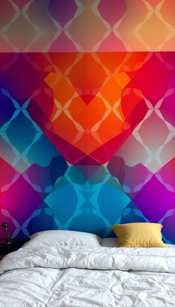 A vibrant, color-swapping wallpaper pattern covers the bedroom walls, creating a dynamic and visually captivating atmosphere. The design features bold, intersecting geometric shapes in a kaleidoscope of hues, seamlessly transitioning from warm tones to cool shades and back again. Soft, diffused lighting casts a gentle glow, highlighting the intricate details and adding depth to the pattern. The resulting image exudes a sense of modern sophistication, inviting the viewer to explore the ever-changing interplay of colors and shapes that adorn the space. A vibrant, color-swapping wallpaper pattern covers the bedroom walls, creating a dynamic and visually captivating atmosphere. The design features bold, intersecting geometric shapes in a kaleidoscope of hues, seamlessly transitioning from warm tones to cool shades and back again. Soft, diffused lighting casts a gentle glow, highlighting the intricate details and adding depth to the pattern. The resulting image exudes a sense of modern sophistication, inviting the viewer to explore the ever-changing interplay of colors and shapes that adorn the space.