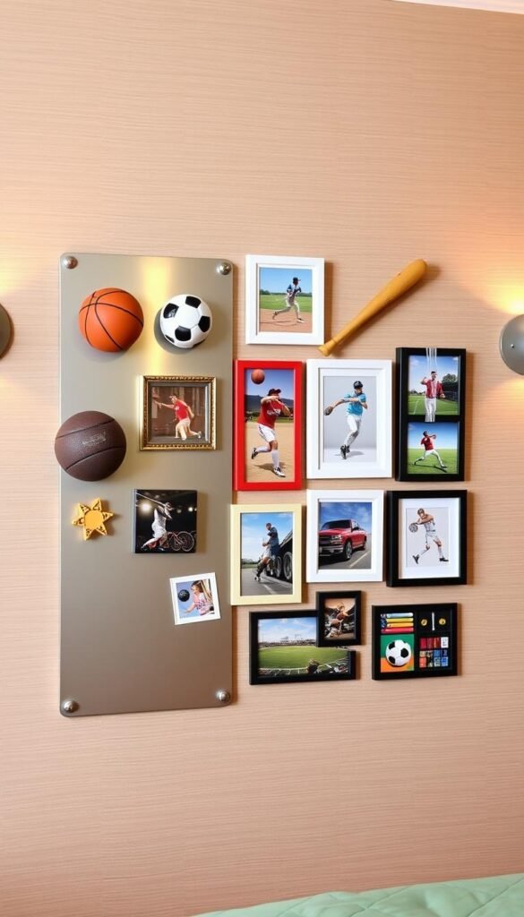 A vibrant, modular wall display featuring various sports-themed elements that can be easily swapped out or rearranged as a boy's interests evolve. In the foreground, a set of removable, magnetic sports icons - a basketball, soccer ball, and baseball bat - adhere to a sleek, metal backplate. The middle ground showcases a collection of interchangeable, framed sports photographs and illustrations, each one capturing a different athletic pursuit. In the background, a subtle, textured wallpaper in muted earth tones provides a sophisticated, yet playful backdrop, allowing the dynamic wall art to take center stage. Soft, warm lighting from discreet sconces casts a gentle glow, creating an inviting, youthful atmosphere perfect for a growing boy's personal space.