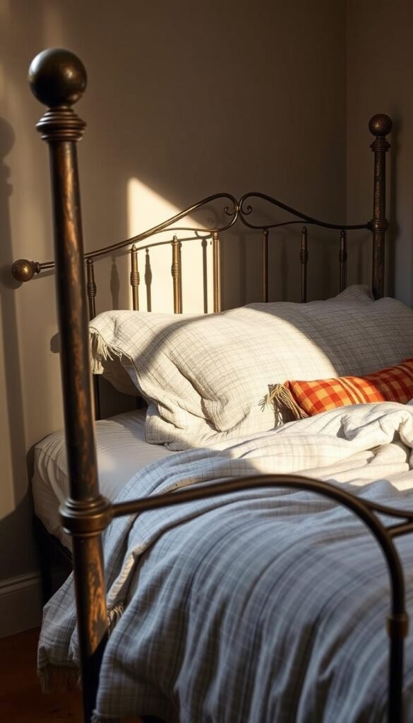A vintage iron bed frame, its weathered elegance contrasting with the plush, modern bedding adorning it. The frame casts soft shadows, hinting at the cozy, intimate atmosphere. Warm, diffused lighting illuminates the scene, creating a dreamlike ambiance. The bed is placed in a corner, allowing the viewer to imagine themselves curled up, surrounded by the harmonious blend of old and new. Textured linens in muted tones of gray and white complement the rustic metal, while a single, vibrant throw pillow adds a touch of color. The overall composition evokes a sense of timeless comfort and relaxation, perfectly capturing the essence of "Cottage Comfort Meets Modern Bedroom Style." A vintage iron bed frame, its weathered elegance contrasting with the plush, modern bedding adorning it. The frame casts soft shadows, hinting at the cozy, intimate atmosphere. Warm, diffused lighting illuminates the scene, creating a dreamlike ambiance. The bed is placed in a corner, allowing the viewer to imagine themselves curled up, surrounded by the harmonious blend of old and new. Textured linens in muted tones of gray and white complement the rustic metal, while a single, vibrant throw pillow adds a touch of color. The overall composition evokes a sense of timeless comfort and relaxation, perfectly capturing the essence of "Cottage Comfort Meets Modern Bedroom Style."