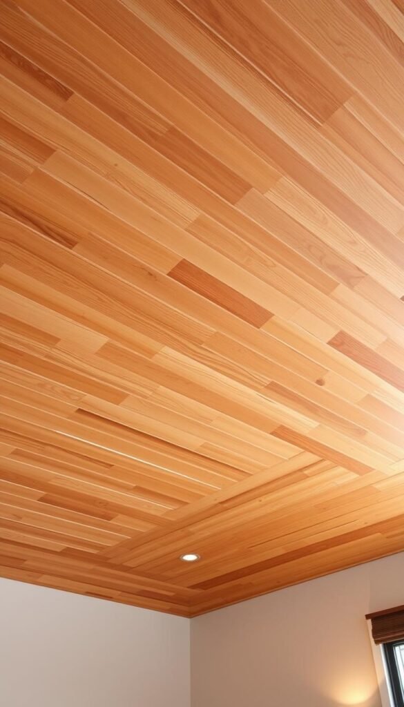 A warm and inviting wood slat ceiling design, with rich, natural tones and a rustic, textural appeal. The slats are arranged in a clean, linear pattern, casting soft, diffused lighting across the space. The wood grain is prominently featured, with a mix of light and dark hues that add depth and character. The ceiling is the focal point, drawing the eye upward and creating a sense of coziness and comfort in the bedroom. The lighting is soft and ambient, with a touch of directional illumination to highlight the dimensional quality of the wood. The overall aesthetic is one of refined simplicity, blending modern and traditional elements for a timeless, sophisticated look.