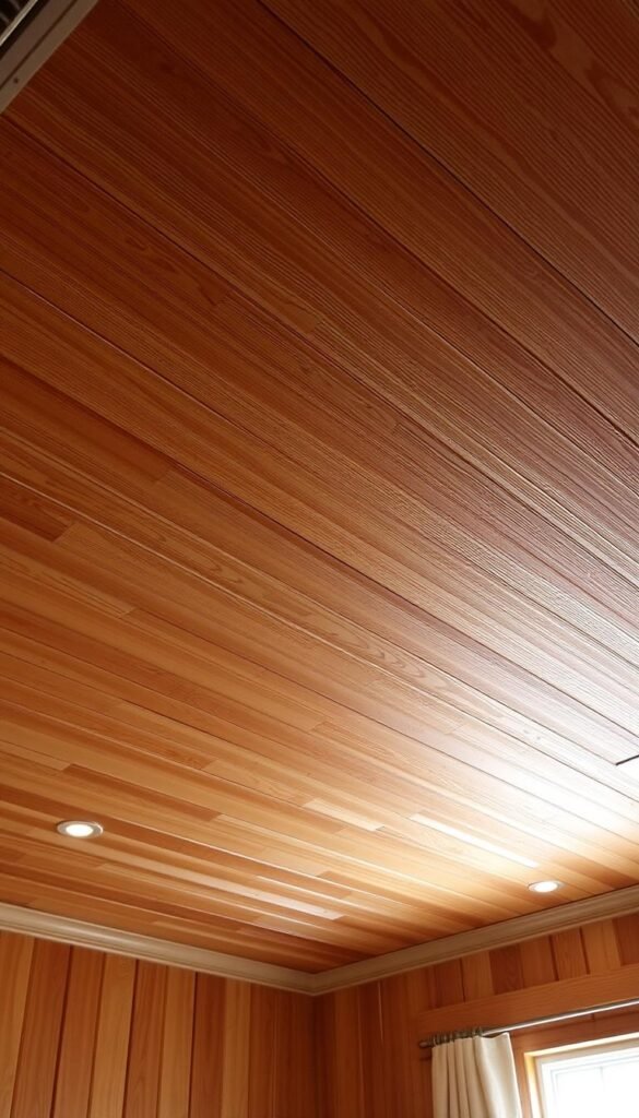 A warm, inviting bedroom with a beautifully crafted beadboard ceiling. The intricate pattern of vertical grooves and raised panels creates a classic, timeless aesthetic. Soft, diffused lighting gently illuminates the textured surface, highlighting the depth and character of the wood. The scene exudes a cozy, comfortable atmosphere, perfect for a relaxing retreat. Capture the essence of traditional charm and modern elegance with this beadboard ceiling design.