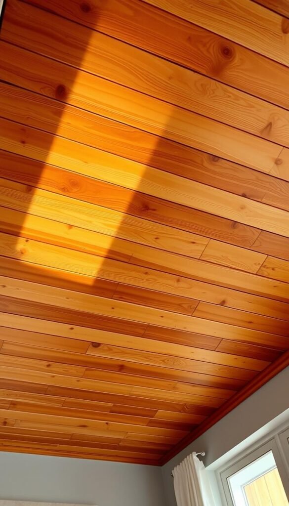 A warm, rustic wood plank ceiling with natural grains and knots, bathed in soft, directional lighting that casts gentle shadows. The planks are arranged in a clean, linear pattern, creating a sense of order and elegance. The wood has a rich, honey-toned hue, complemented by the muted tones of the surrounding space. The overall atmosphere is cozy and inviting, with a touch of modern sophistication, perfectly suited for a serene, contemporary bedroom.