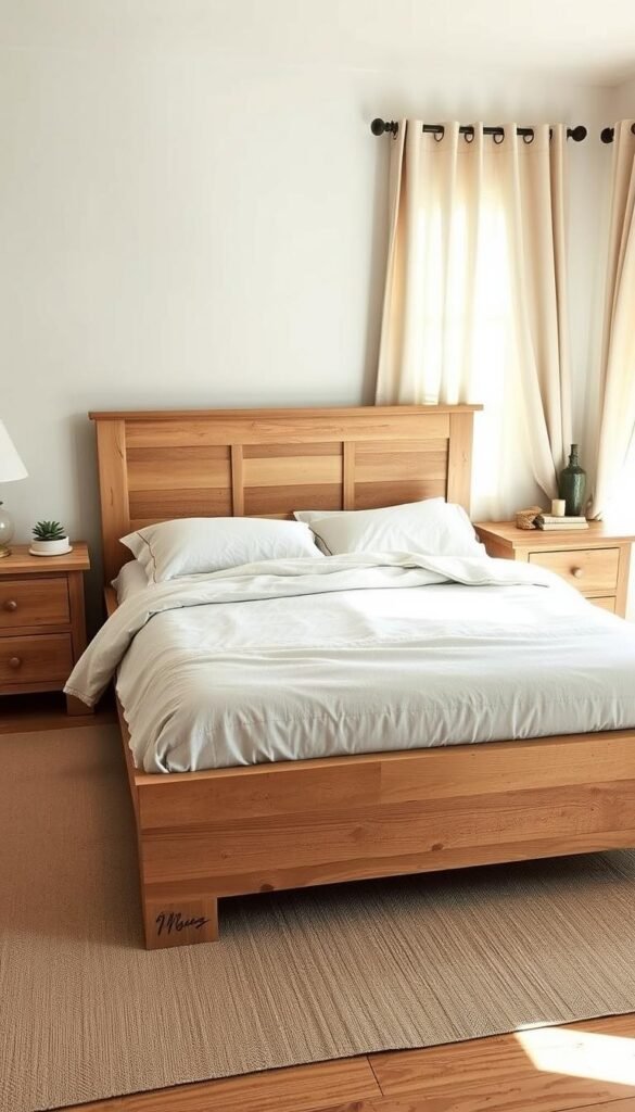 A weathered, rustic French country bedroom featuring a low-profile king-size bed frame crafted from distressed oak planks, with a natural grain and a sun-faded, time-worn patina. The bed is flanked by matching side tables with drawers and open shelves, their surfaces adorned with a subtle craquelure effect. Soft, diffused natural light filters through linen curtains, casting a warm, cozy glow over the scene. The overall atmosphere evokes a sense of effortless elegance and lived-in comfort. A weathered, rustic French country bedroom featuring a low-profile king-size bed frame crafted from distressed oak planks, with a natural grain and a sun-faded, time-worn patina. The bed is flanked by matching side tables with drawers and open shelves, their surfaces adorned with a subtle craquelure effect. Soft, diffused natural light filters through linen curtains, casting a warm, cozy glow over the scene. The overall atmosphere evokes a sense of effortless elegance and lived-in comfort.