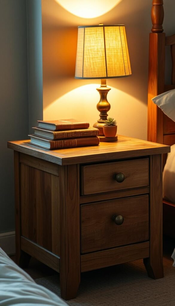 A weathered, vintage bedside table with a warm, rustic charm. The table has a distressed wood finish, with subtle knots and grains adding character. A single drawer adds functional storage, with a worn metal pull. Atop the table, a collection of eclectic items - a tarnished brass lamp with a linen shade, a stack of leather-bound books, and a small potted plant. Soft, golden lighting from a nearby window casts a cozy glow, highlighting the table's imperfections and history. The overall scene evokes a sense of timelessness and lived-in comfort, perfect for adding a touch of vintage character to a modern bedroom.