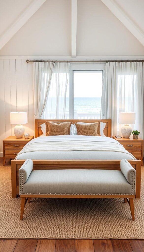 A well-appointed coastal bedroom retreat with a focal point of stylish yet functional furniture. In the foreground, a low-profile, light-colored wood bed frame adorned with coastal accents like jute or woven rattan. On either side, matching side tables with minimalist lamps casting a soft, natural glow. In the middle ground, a plush, neutral-toned area rug and an upholstered bench at the foot of the bed, finished with driftwood-inspired hardware. The background features whitewashed wood paneling, sheer curtains billowing in a gentle seaside breeze, and a glimpse of a private balcony overlooking the tranquil ocean. The overall atmosphere exudes a serene, laid-back elegance perfect for a modern beach-inspired retreat. A well-appointed coastal bedroom retreat with a focal point of stylish yet functional furniture. In the foreground, a low-profile, light-colored wood bed frame adorned with coastal accents like jute or woven rattan. On either side, matching side tables with minimalist lamps casting a soft, natural glow. In the middle ground, a plush, neutral-toned area rug and an upholstered bench at the foot of the bed, finished with driftwood-inspired hardware. The background features whitewashed wood paneling, sheer curtains billowing in a gentle seaside breeze, and a glimpse of a private balcony overlooking the tranquil ocean. The overall atmosphere exudes a serene, laid-back elegance perfect for a modern beach-inspired retreat.