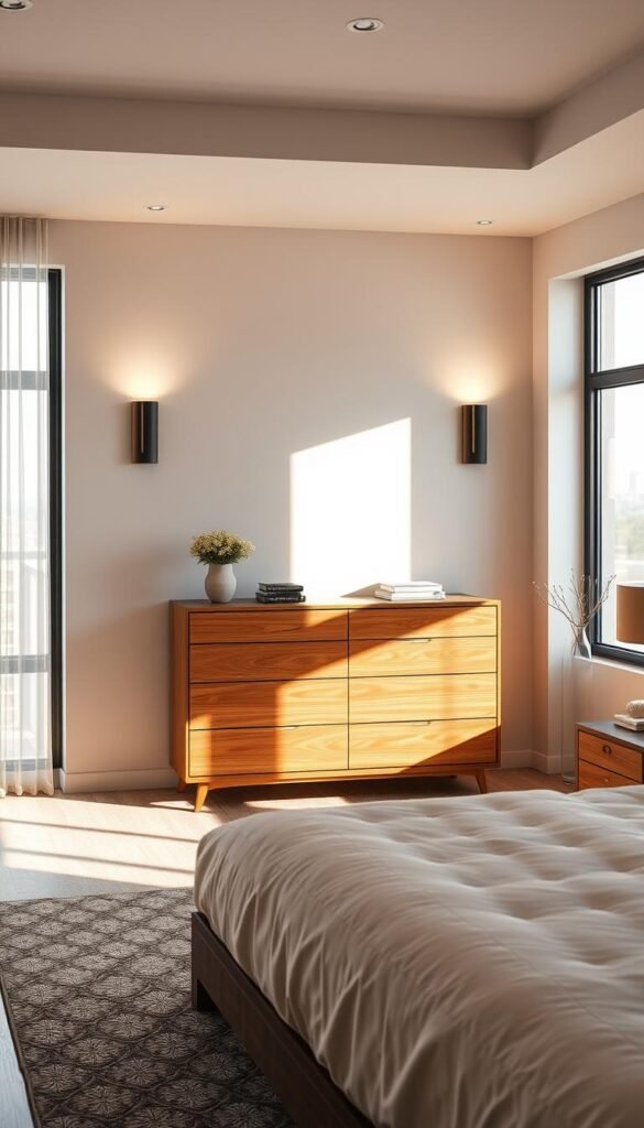 A well-appointed modern bedroom with a tastefully placed dresser as the focal point. The dresser, a sleek, minimalist design in warm wood tones, stands against a neutral-toned wall, casting soft shadows that accentuate its clean lines. The placement is strategic, offering a harmonious balance between function and aesthetics, drawing the eye and complementing the overall decor. Soft, diffused lighting from wall-mounted sconces creates a cozy, inviting atmosphere, while large windows flood the space with natural illumination. The resulting image showcases the dresser's prominent yet seamless integration, highlighting its ability to elevate the bedroom's style and functionality.