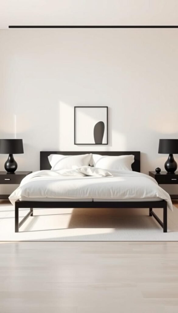 A well-balanced and harmonious bedroom design featuring sleek black accents against a light, airy backdrop. A low-profile black metal bed frame stands prominently in the foreground, its clean lines complemented by a plush white duvet and fluffy pillows. In the middle ground, a pair of black nightstands with minimalist lamps flank the bed, creating a sense of symmetry. The background showcases a light-colored wall, with a large window allowing natural light to flood the space and cast a soft, warm glow. Subtle black decor elements, such as a statement art piece or a decorative vase, add depth and visual interest without overwhelming the overall tranquil atmosphere. Crisp, even lighting and a slightly elevated camera angle capture the serene, Japandi-inspired ambiance.