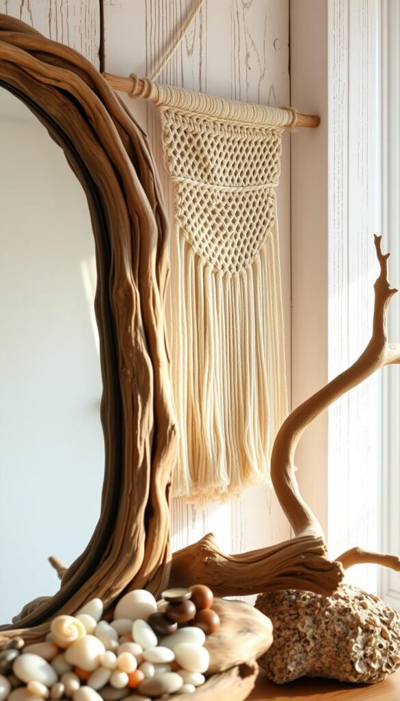 A well-curated arrangement of natural coastal materials, bathed in warm, natural lighting. In the foreground, a driftwood-framed mirror reflects the serene scene. Surrounding it, a display of artfully arranged seashells, sea glass, and smooth river stones. In the middle ground, a woven macrame wall hanging sways gently, its organic textures complementing the rugged beauty of a twisted driftwood branch. The background features a textured, whitewashed wood paneling, evoking the weathered charm of a seaside cottage. Soft, diffused lighting from a nearby window casts a gentle glow, highlighting the inherent beauty and authenticity of these natural, hand-selected materials. A well-curated arrangement of natural coastal materials, bathed in warm, natural lighting. In the foreground, a driftwood-framed mirror reflects the serene scene. Surrounding it, a display of artfully arranged seashells, sea glass, and smooth river stones. In the middle ground, a woven macrame wall hanging sways gently, its organic textures complementing the rugged beauty of a twisted driftwood branch. The background features a textured, whitewashed wood paneling, evoking the weathered charm of a seaside cottage. Soft, diffused lighting from a nearby window casts a gentle glow, highlighting the inherent beauty and authenticity of these natural, hand-selected materials.