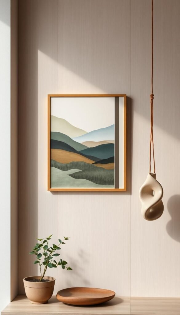 A well-curated selection of Japandi-inspired art pieces displayed in a minimalist, nature-inspired setting. A framed abstract landscape painting in muted tones of green, brown, and blue hangs on a light-colored wooden wall, complemented by a hanging ceramic sculpture with organic, fluid shapes. A small potted plant adds a touch of greenery, while soft, diffused lighting creates a serene, contemplative atmosphere. The arrangement showcases the harmony of natural materials, clean lines, and understated elegance that defines the Japandi aesthetic.
