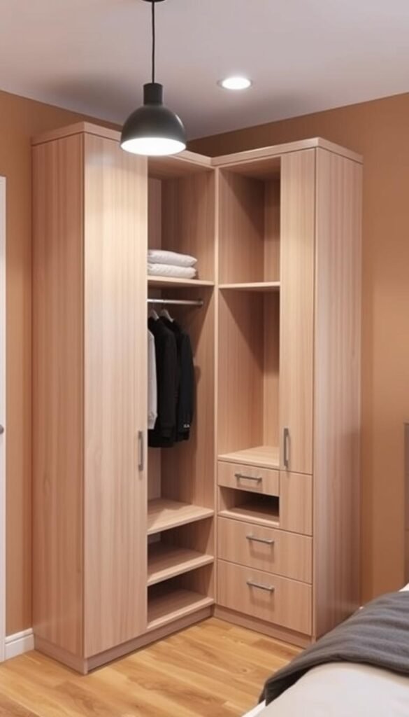 A well-designed corner wardrobe unit in a modern bedroom setting. A sleek, minimalist design with a mix of open and closed storage compartments, optimized for efficient use of space. Smooth, light-colored wooden panels with subtle hardware accents, set against a warm, neutral wall color. Soft, ambient lighting from a modern pendant fixture above, casting a gentle glow. The wardrobe is positioned at a 45-degree angle, maximizing the corner space while maintaining a streamlined, contemporary aesthetic. The clean lines and thoughtful organization create a harmonious, clutter-free impression, perfect for a stylish and practical bedroom solution.