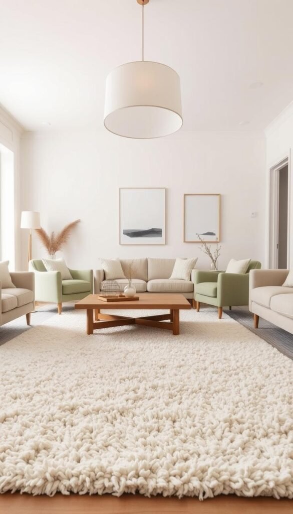 A well-lit Scandinavian interior with a soft, neutral color palette. In the foreground, a plush, textured rug in shades of off-white and pale gray. In the middle ground, a low, wooden coffee table with a sleek, minimalist design. Surrounding the table, comfortable armchairs and a sofa upholstered in natural fabrics like linen or wool, in earthy tones of beige and sage. The walls are painted in a crisp, light shade of white, with simple, Scandinavian-inspired artwork hung at intervals. Warm, diffused lighting from a large, pendant light fixture casts a cozy glow over the space. The overall atmosphere is one of understated elegance, calm, and tranquility.