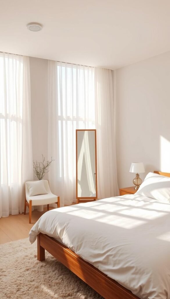 A well-lit, airy bedroom showcases a modern, minimalist design. Sunlight streams through large windows, casting a warm glow on the crisp white bedding and sleek wood furniture. Sheer white curtains softly diffuse the natural light, creating a tranquil and serene atmosphere. The room's layout is thoughtfully arranged to maximize the natural brightness, with a strategically placed mirror reflecting the sunlight and making the space feel even more open and expansive. Subtle texture, such as a cozy area rug and plush pillows, adds depth and visual interest without overwhelming the clean, uncluttered aesthetic. The overall effect is a calming, harmonious environment that exudes a sense of modern luxury.