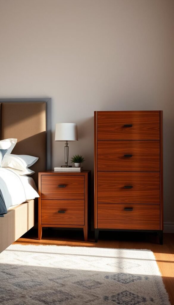 A well-lit and neatly arranged bedroom setting, showcasing a modern dresser and a classic chest of drawers side by side. The dresser, with its clean lines and sleek design, stands tall and elegant, while the chest of drawers, with its timeless appeal and ample storage space, complements the scene. The lighting, set to a warm, natural tone, highlights the intricate wood grains and the subtle textures of the furniture. The camera angle is positioned at eye level, allowing the viewer to appreciate the unique characteristics and design differences between the two storage options. The overall atmosphere is one of sophistication and attention to detail, guiding the viewer to understand the distinct purposes and benefits of a dresser versus a chest of drawers in a modern bedroom.