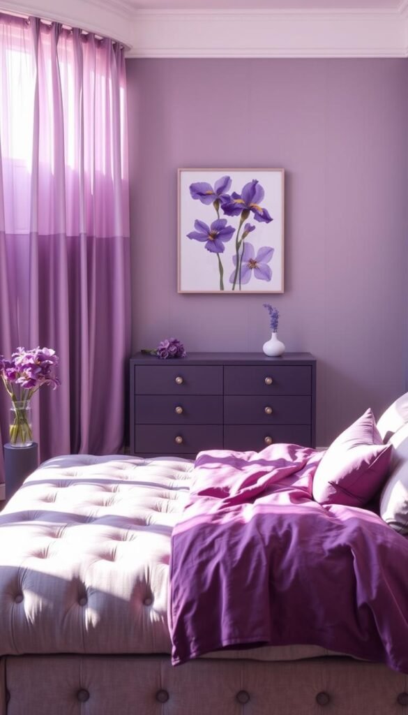 A well-lit bedroom with a variety of purple shades, ranging from deep plums to light lavenders. In the foreground, a plush, tufted bed frame with a luxurious purple duvet and an array of throw pillows in complementary hues. Soft, diffused lighting filters through sheer, lilac-colored curtains, casting a warm glow throughout the space. On the side tables, vases of freshly cut purple irises add a touch of nature. In the middle ground, a modern, minimalist dresser in a deep eggplant tone, topped with framed artwork featuring abstract purple brushstrokes. The background showcases a feature wall painted in a muted, lavender-infused gray, creating a serene and sophisticated atmosphere.
