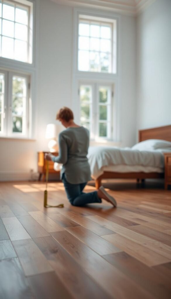 A well-lit bedroom with a wooden floor and white walls. In the foreground, a person kneels on the floor, holding a tape measure and carefully measuring the dimensions of the room. The middle ground shows a partially visible bed and nightstand, hinting at the overall layout. The background blurs gently, focusing the viewer's attention on the measuring process. Natural lighting filters in through large windows, casting a warm, inviting glow throughout the scene. The overall atmosphere is one of consideration and planning, reflecting the importance of properly measuring a space before selecting bedroom furniture. A well-lit bedroom with a wooden floor and white walls. In the foreground, a person kneels on the floor, holding a tape measure and carefully measuring the dimensions of the room. The middle ground shows a partially visible bed and nightstand, hinting at the overall layout. The background blurs gently, focusing the viewer's attention on the measuring process. Natural lighting filters in through large windows, casting a warm, inviting glow throughout the scene. The overall atmosphere is one of consideration and planning, reflecting the importance of properly measuring a space before selecting bedroom furniture.