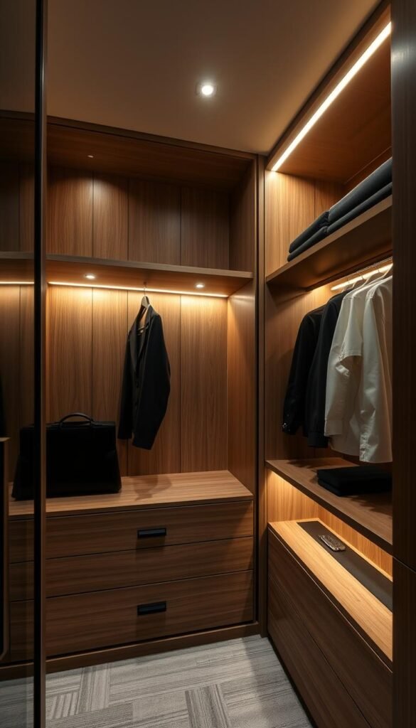 A well-lit custom wardrobe with a sleek, modern design. The interior features soft, warm LED lighting that elegantly illuminates the shelves, drawers, and hanging rods. The lighting is integrated seamlessly into the cabinet structure, creating a cohesive, high-end aesthetic. Subtle downlights above the hanging section provide targeted illumination for displaying clothes. Minimalist, touch-sensitive control panels allow for easy adjustment of the lighting intensity and color temperature, enabling the user to create the perfect ambiance. The wardrobe is constructed from premium materials, such as brushed aluminum, tempered glass, and luxurious wood veneers, exuding an aura of sophistication and exclusivity.