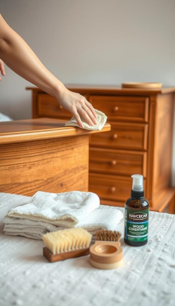 A well-lit, expertly-composed image of a person carefully maintaining a classic wooden dresser. The foreground shows hands gently applying polish to the surface, bringing out the warm tones of the wood grain. In the middle ground, various cleaning and care tools are neatly arranged, including soft cloths, a polishing brush, and a bottle of wood conditioner. The background depicts the bedroom setting, with the dresser situated against a neutral-colored wall, allowing the piece of furniture to take center stage. The lighting is soft and diffused, casting a gentle glow on the scene and conveying a sense of calm and attention to detail. The overall mood is one of mindful, meticulous care for a cherished household item.