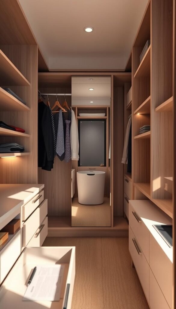 A well-lit, high-angle interior shot of a modern, minimalist wardrobe with an array of thoughtful organizational features. The foreground showcases sliding drawers, adjustable shelves, and rotating tie racks. The middle ground reveals a full-length mirror and neatly hung garments. The background highlights a built-in hamper and a discreet jewelry tray. Warm, natural lighting casts a soft glow, accentuating the clean lines and quality craftsmanship. The overall mood is one of efficiency, tranquility, and a harmonious balance of form and function. A well-lit, high-angle interior shot of a modern, minimalist wardrobe with an array of thoughtful organizational features. The foreground showcases sliding drawers, adjustable shelves, and rotating tie racks. The middle ground reveals a full-length mirror and neatly hung garments. The background highlights a built-in hamper and a discreet jewelry tray. Warm, natural lighting casts a soft glow, accentuating the clean lines and quality craftsmanship. The overall mood is one of efficiency, tranquility, and a harmonious balance of form and function.
