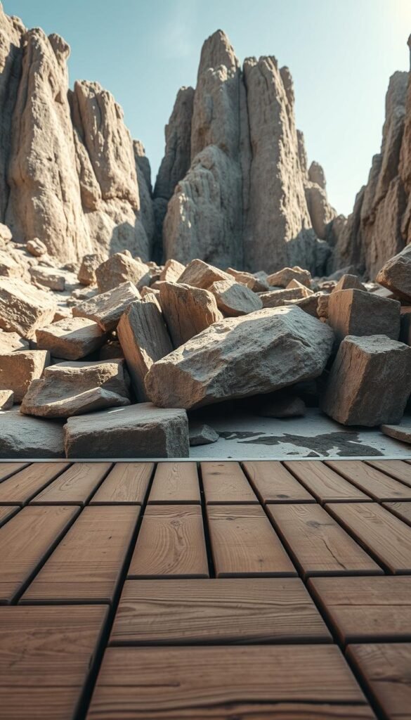 A well-lit, high-resolution photograph of a natural, rustic setting featuring a variety of wood and stone materials. The foreground showcases smooth, weathered wooden planks in warm tones, arranged in a pleasing pattern. The middle ground features large, uneven stone blocks, with textures ranging from rough to polished. In the background, towering stone walls or cliffs rise up, casting dramatic shadows across the scene. The lighting is a perfect balance of soft, diffused natural sunlight and dramatic chiaroscuro effects, creating depth and dimension. The overall atmosphere is one of timeless, organic elegance, evoking a sense of solidity, stability, and the enduring beauty of natural materials.