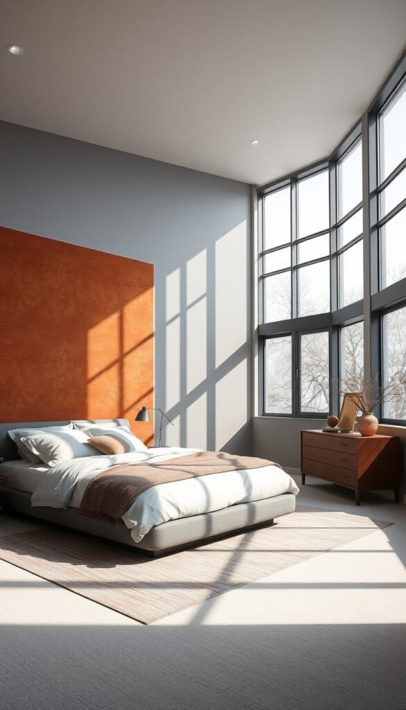 A well-lit, mid-toned gray bedroom with a striking rust-colored accent wall. The room has a modern, minimalist aesthetic, with clean lines and a neutral color palette. The rust accents create a warm, earthy contrast, adding depth and visual interest to the space. Large windows flood the room with natural light, casting soft shadows and highlighting the textural details of the rust-colored elements. The overall atmosphere is one of balance, tranquility and sophisticated style.