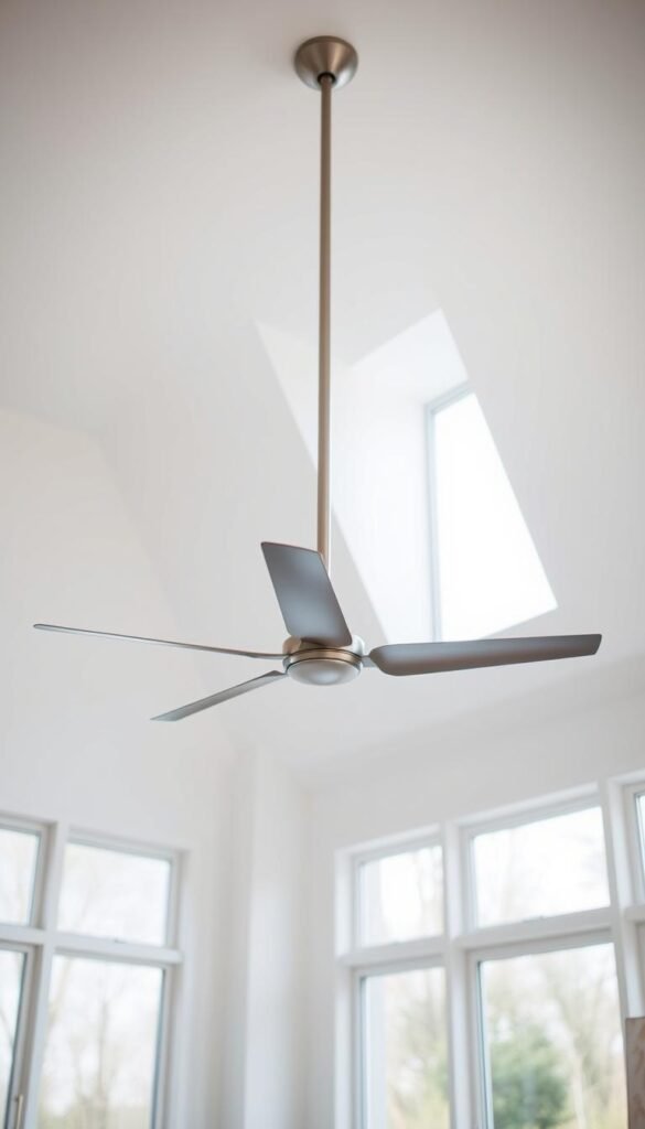 A well-lit, minimalistic room with a modern, sleek ceiling fan suspended from the center. The fan's blades are in focus, showcasing their elegant, streamlined design. The room's walls are a neutral, calming color, allowing the fan to stand out. Soft, natural lighting filters in through large windows, creating a serene and inviting atmosphere. The ceiling fan is the focal point, its size and proportions carefully considered to perfectly complement the room's dimensions. The image conveys a sense of balance, functionality, and sophisticated style, reflecting the modern design principles discussed in the article.