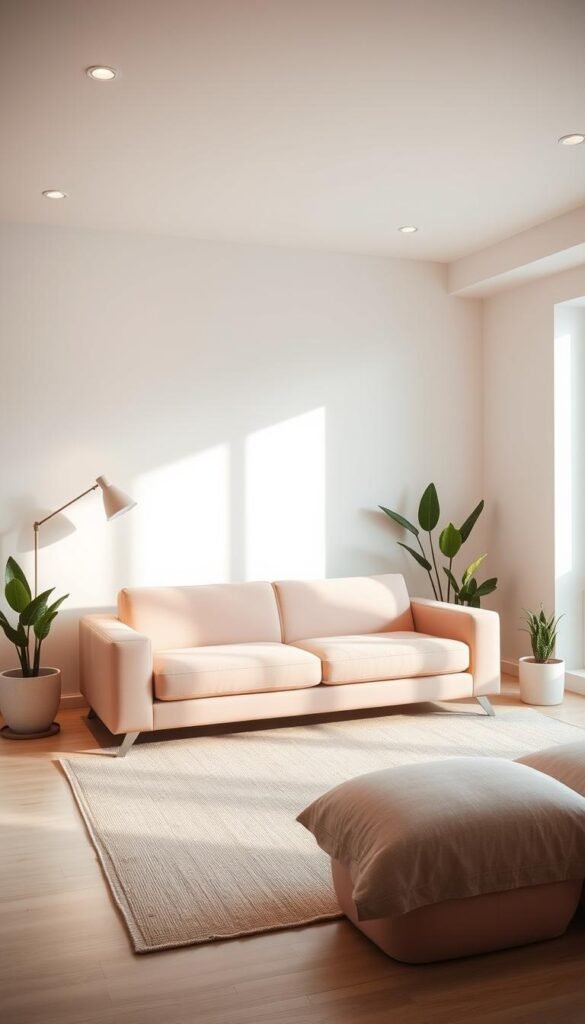 A well-lit, modern bedroom featuring a central blush pink, low-profile sofa with clean, geometric lines and a minimalist aesthetic. The sofa is positioned against a white wall, with a neutral-toned area rug and potted plants adding warmth and softness to the space. Soft, diffused lighting from a floor lamp and ceiling fixtures create a serene, cozy atmosphere. The overall look is one of sophisticated simplicity, with the blush pink furniture as the focal point, complementing the clean, uncluttered design.