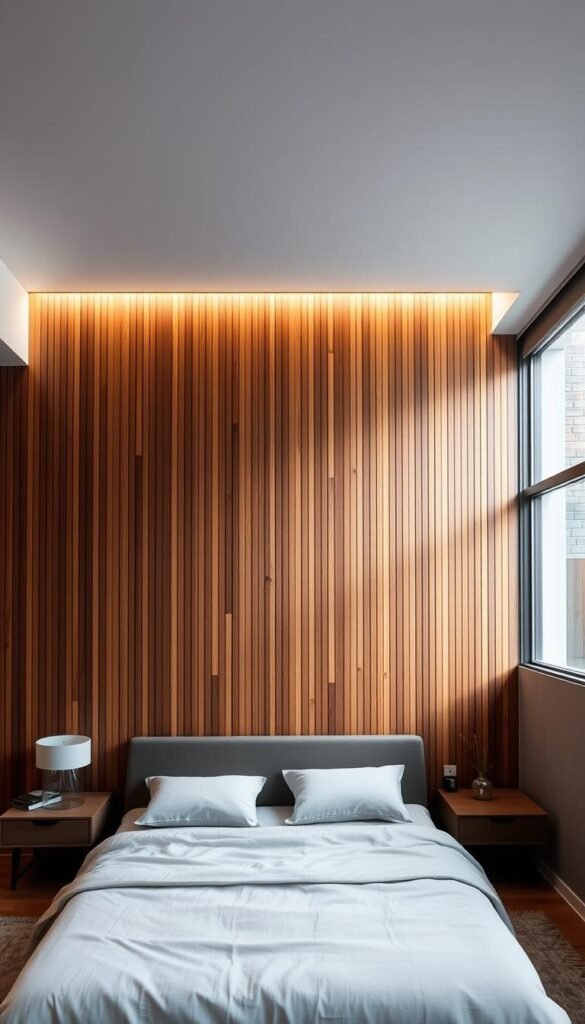 A well-lit, modern bedroom with a focal point of a wooden slat accent wall. The wall features long, parallel slats of warm, rich-toned wood arranged in a clean, horizontal pattern. Subtle shadows and highlights add depth and texture. The lighting is a combination of soft, diffused natural light from large windows and subtle, recessed lighting that accentuates the wood's grain. The bedroom is sparsely furnished, allowing the wooden wall to be the star, complemented by minimalist decor in muted, earthy tones. An atmosphere of understated elegance and serene simplicity pervades the space.