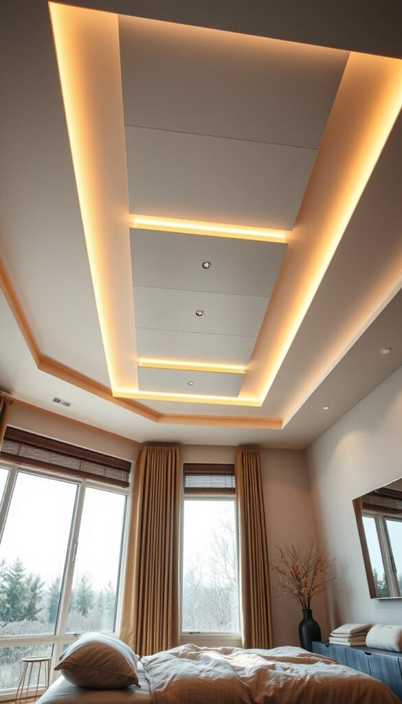 A well-lit, modern bedroom with a focal point on the ceiling design. The ceiling features a sleek, minimalist panel system with a mix of recessed and linear lighting fixtures, creating a warm, inviting glow. The panels are arranged in a symmetrical, geometric pattern, subtly drawing the eye upwards. The room has neutral, earthy tones, with wooden accents and soft, plush bedding. Large windows allow natural light to flood the space, enhancing the sense of openness and airiness. The overall mood is one of serenity and sophistication, underscoring the importance of thoughtful ceiling design in creating a harmonious, elevated bedroom environment.