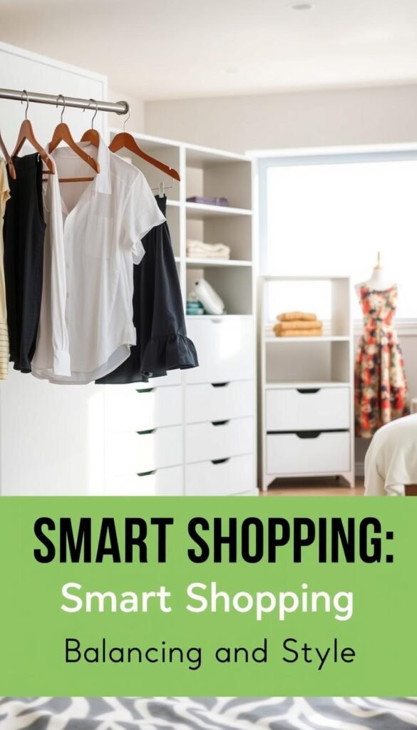 A well-lit, modern bedroom with a minimalist wardrobe showcasing budget-friendly fashion solutions. In the foreground, various affordable clothing items are displayed on hangers, including a classic white button-down shirt, a versatile black skirt, and a vibrant patterned dress. The middle ground features a sleek, modular storage system with open shelves and drawers, allowing for efficient organization. The background depicts a soothing, neutral-toned wall with a large window, flooding the space with natural light. The overall atmosphere conveys a sense of stylish simplicity and practical functionality, reflecting the "Smart Shopping: Balancing Budget and Style" theme. A well-lit, modern bedroom with a minimalist wardrobe showcasing budget-friendly fashion solutions. In the foreground, various affordable clothing items are displayed on hangers, including a classic white button-down shirt, a versatile black skirt, and a vibrant patterned dress. The middle ground features a sleek, modular storage system with open shelves and drawers, allowing for efficient organization. The background depicts a soothing, neutral-toned wall with a large window, flooding the space with natural light. The overall atmosphere conveys a sense of stylish simplicity and practical functionality, reflecting the "Smart Shopping: Balancing Budget and Style" theme.