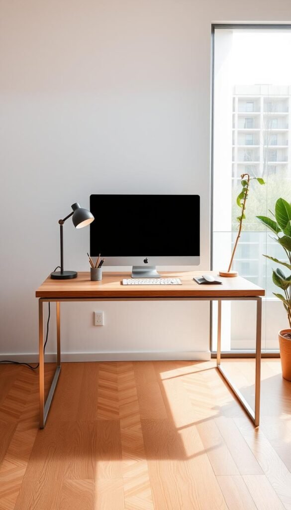 A well-lit, modern desk workspace with a sleek, minimalist design. A large, wooden desktop with clean lines and a subtle grain texture sits atop a slender, steel frame. On the desk, a high-resolution monitor, a stylish lamp with a soft glow, and a few neatly arranged office supplies create a visually harmonious composition. The background features a neutral-colored wall, accentuated by a large, frameless window that allows natural light to flood the space, casting a warm, inviting ambiance. The overall scene conveys a sense of productivity, focus, and inspiration, perfectly suited for a young, design-conscious individual.