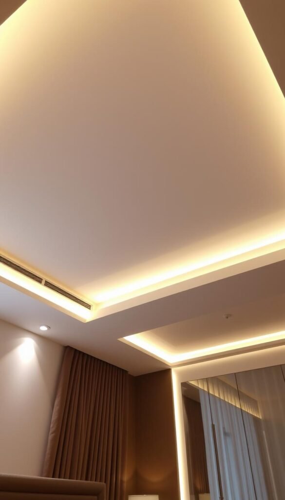 A well-lit, modern false ceiling with an integrated lighting system, featuring a sleek and minimalist design. The ceiling is constructed from gypsum or POP (plaster of Paris), creating a seamless and visually appealing surface. The integrated lighting is subtly embedded, providing a warm and ambient glow that highlights the architectural details. The lighting is evenly distributed, creating a harmonious and balanced illumination throughout the space. The overall atmosphere is one of sophisticated elegance, with the false ceiling serving as the centerpiece of a stylish and contemporary bedroom.